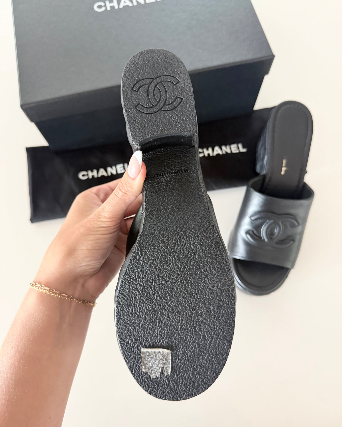 Chanel Black Quilted Platform Logo Heeled Mules Size 40