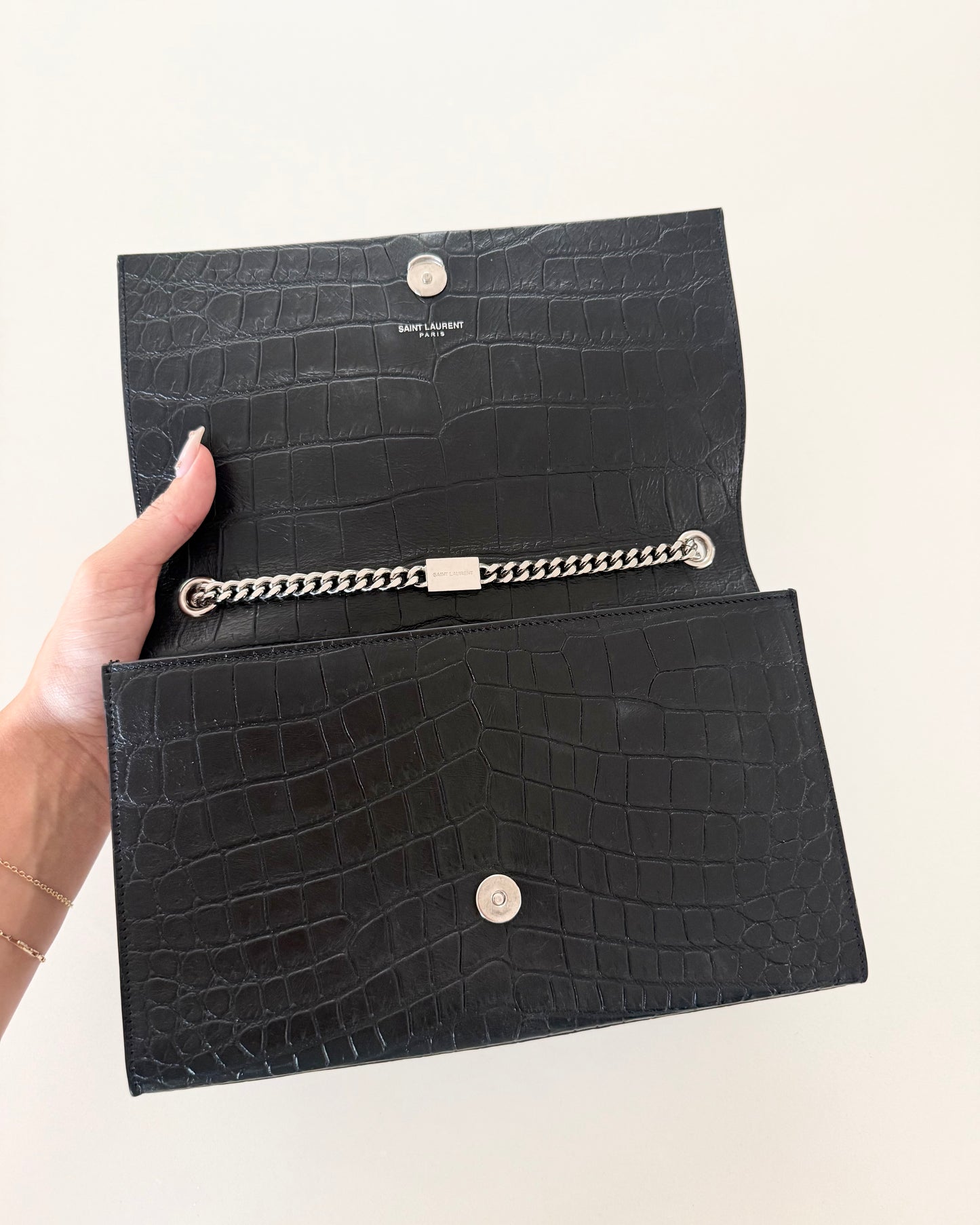 Saint Laurent Black Croc Embossed Medium Kate Tassel Bag