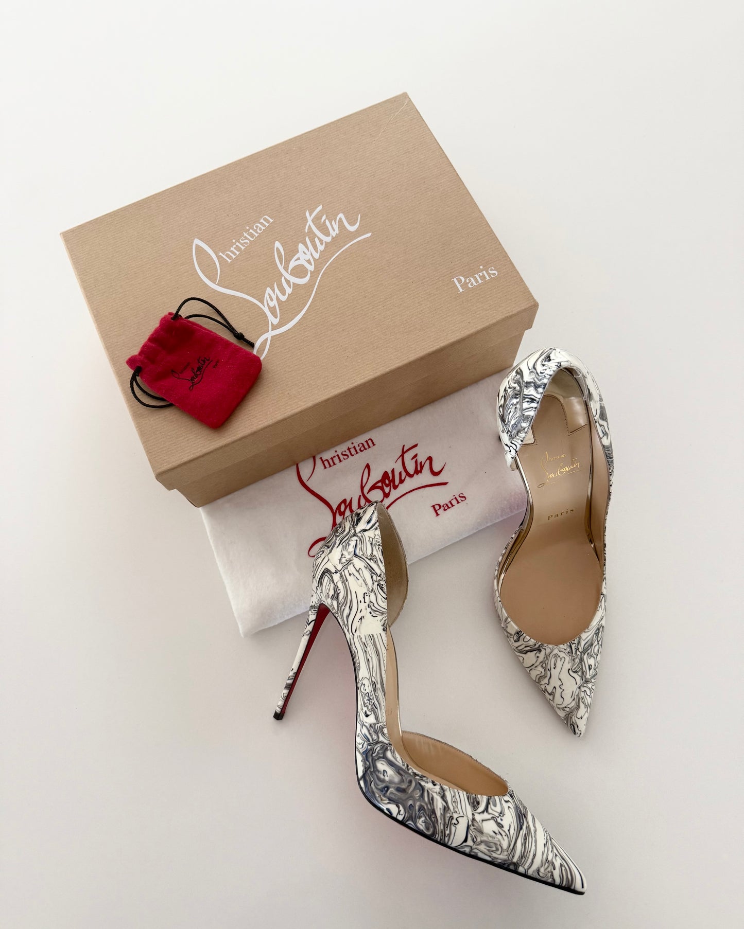 Christian Louboutin White Marbleized Iriza 100 Patent Heels size 41.5