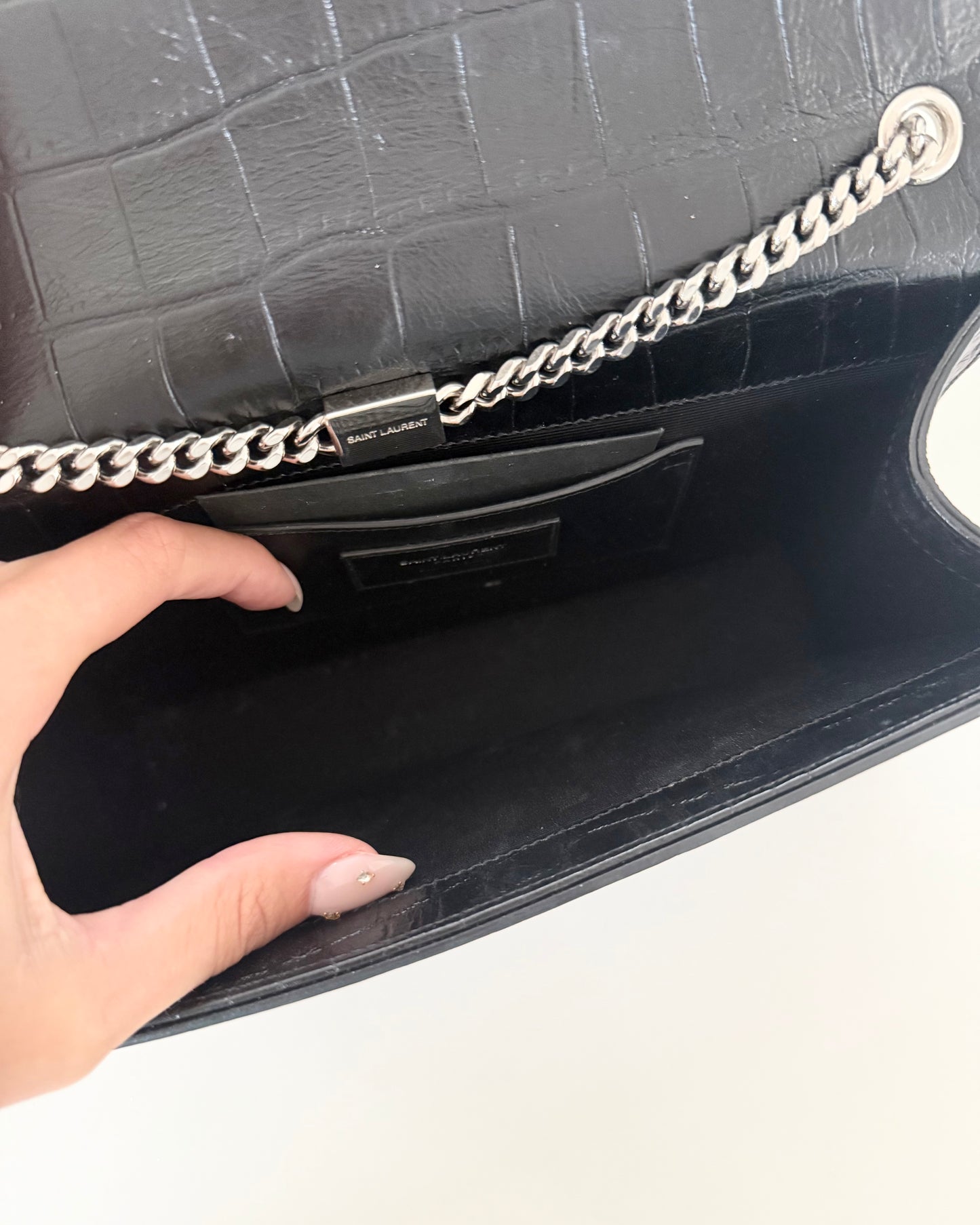 Saint Laurent Black Croc Embossed Medium Kate Tassel Bag
