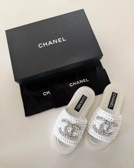 Chanel White Raffia and Leather Mules with Crystal Logo Size 37