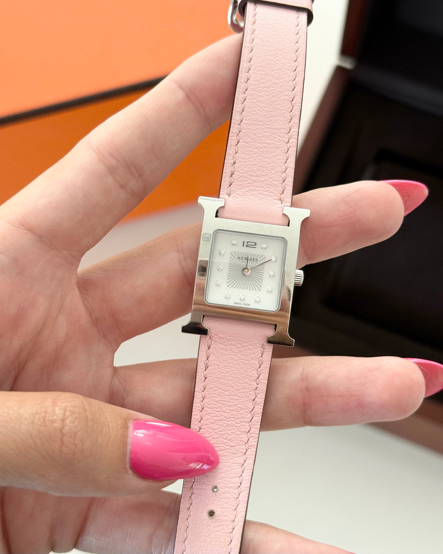 Hermes Pink Sakura and Steel Small Model Heure H Watch with Diamond Set and White Mother of Pearl dial from 2023