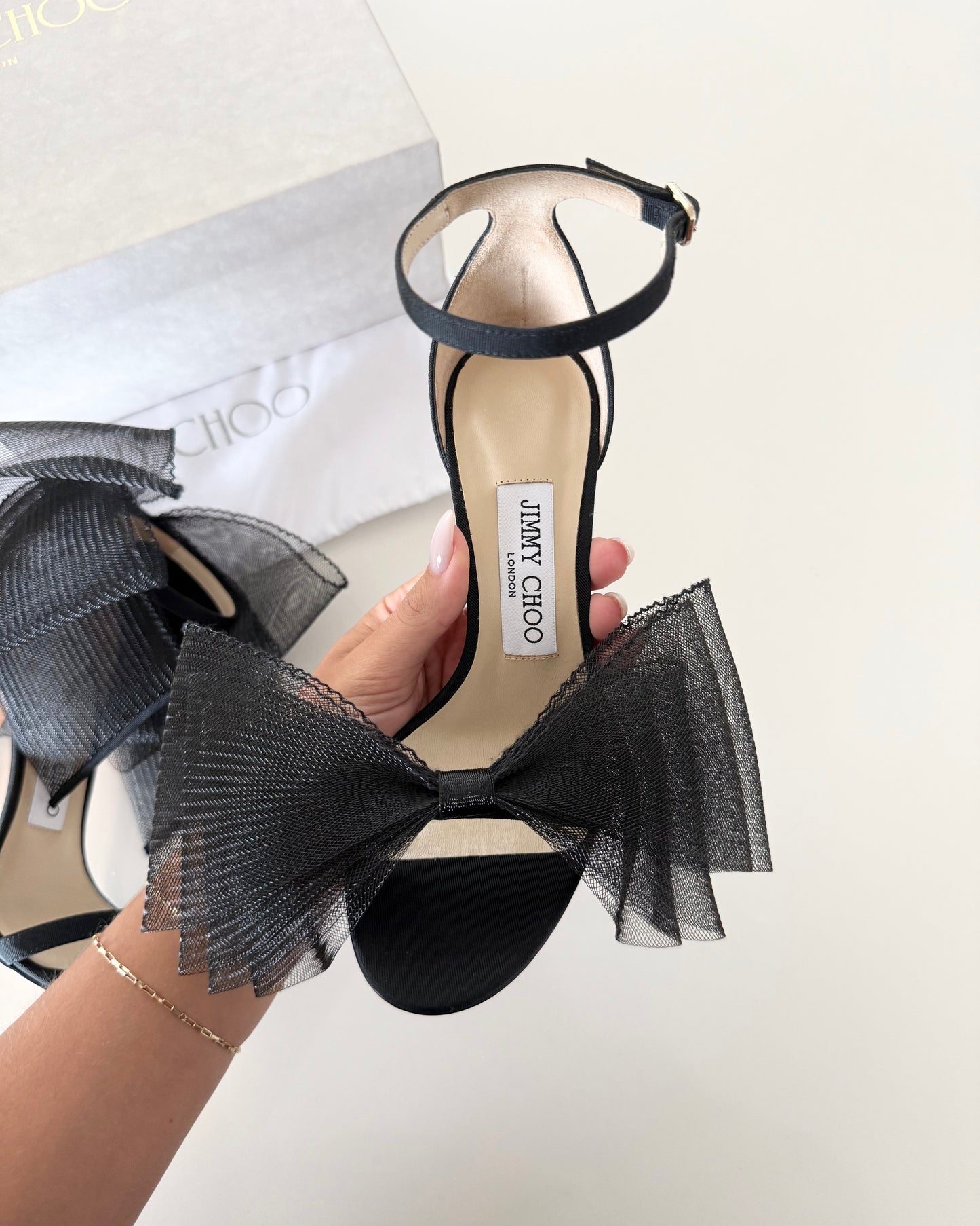 Jimmy Choo Black Grosgrain and Mesh Bow Aveline 100 Heels Size 36