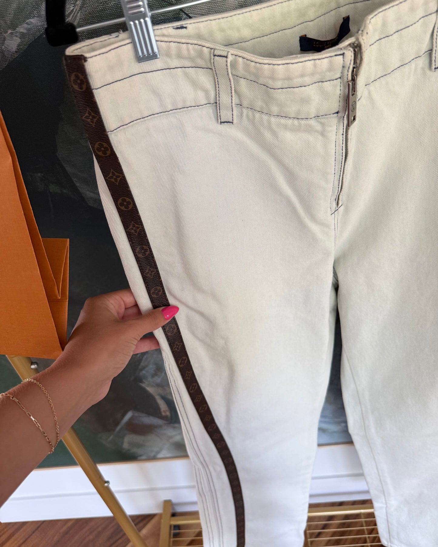 Louis Vuitton White Washed Zipped Denim with Monogram Stripes Down the Sides Size 44