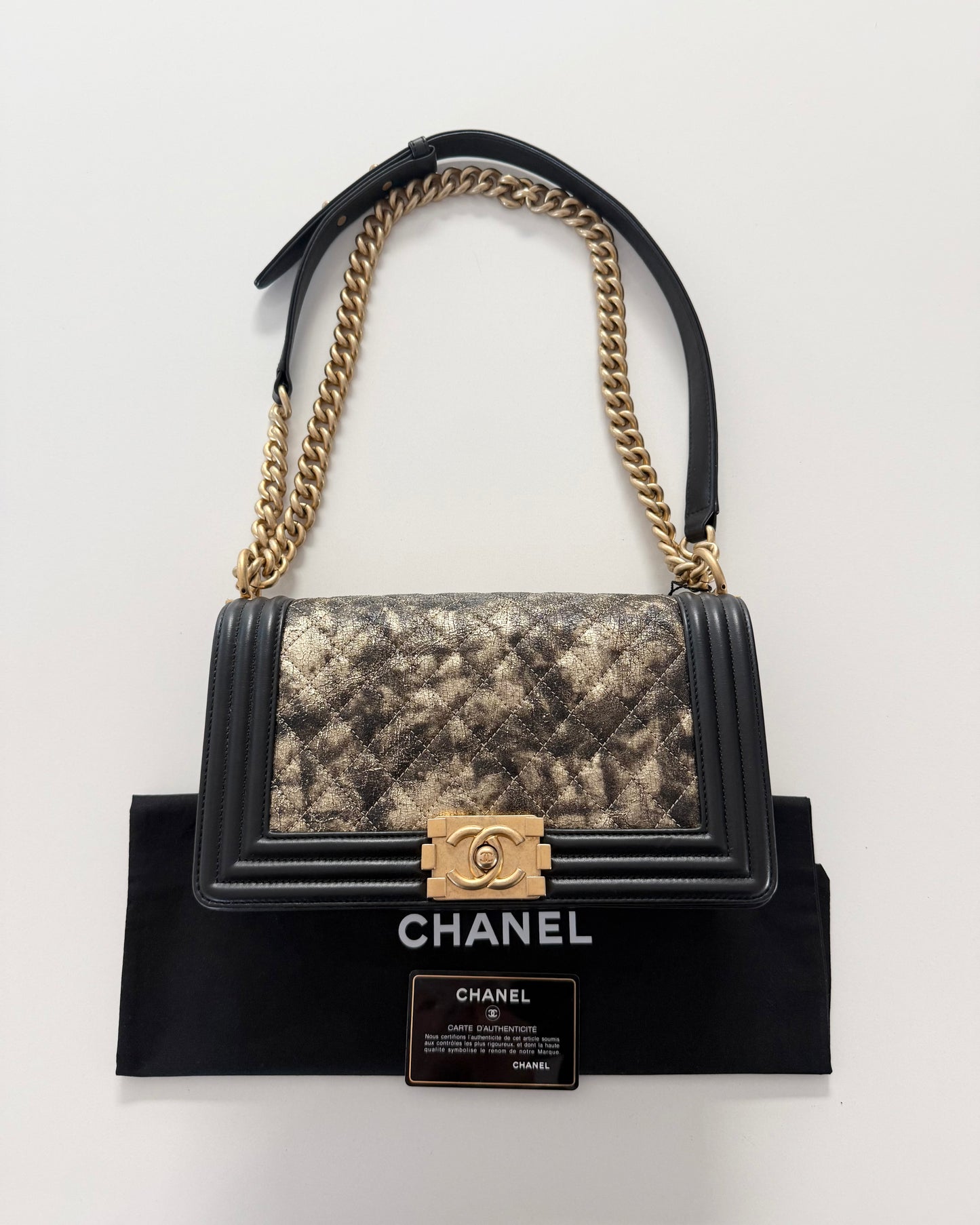 Chanel Gold and Black Metallic Medium Boy Bag 26 series from 2018-19