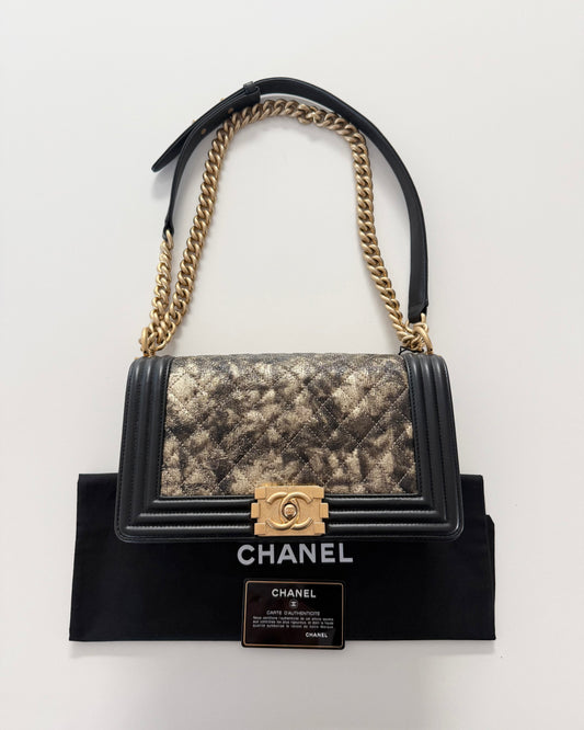 Chanel Gold and Black Metallic Medium Boy Bag 26 series from 2018-19
