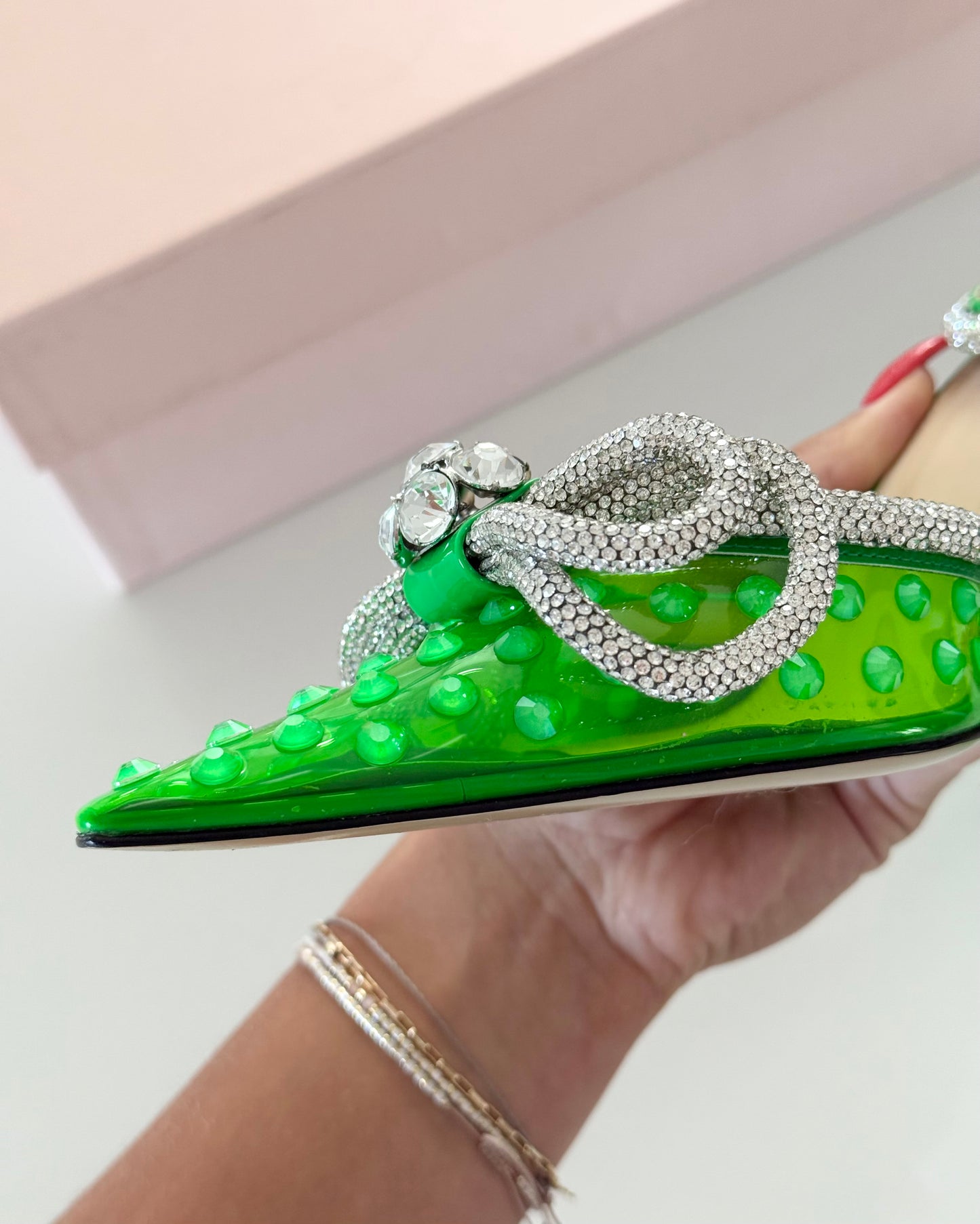 Mach & Mach Limited Edition Green PVC Spotted Double Wrap Bow Embellished Pumps