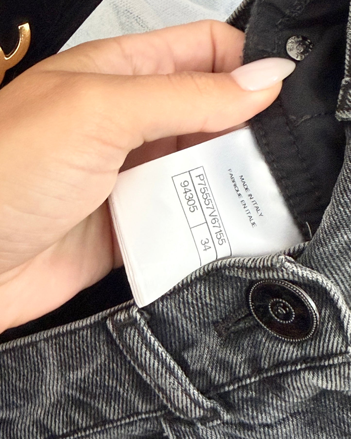 Chanel Runway 23B Dark Grey Logo Baggy Denim with Silver Sequin Logos on Back Pockets size 34