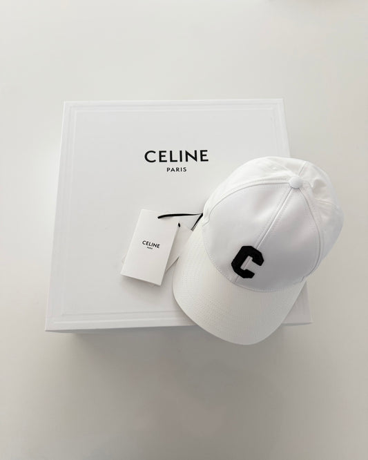 Celine White Cotton and C Logo Sequin Hat Size Small