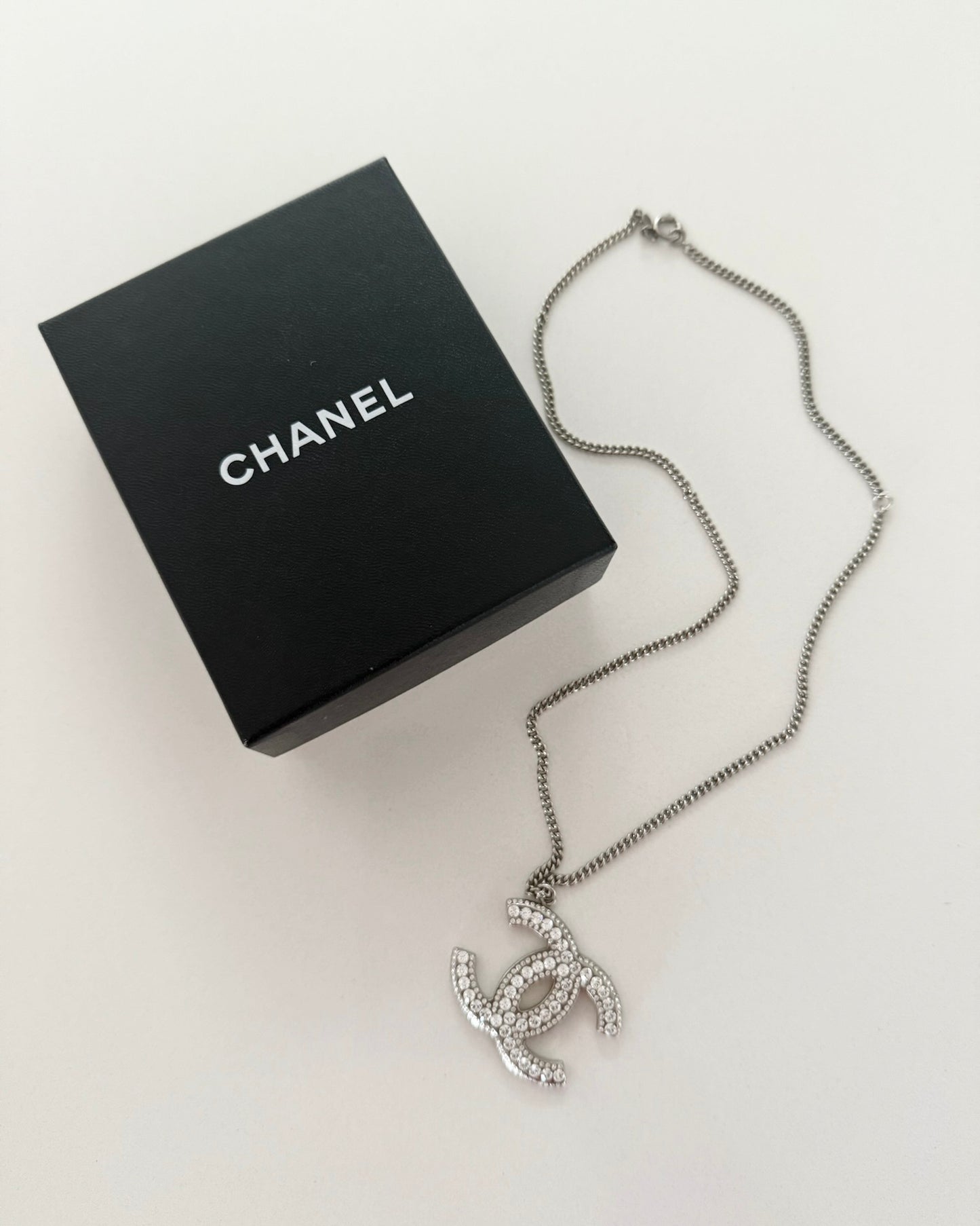 Chanel Silvertone Crystal Large CC Pendant Necklace