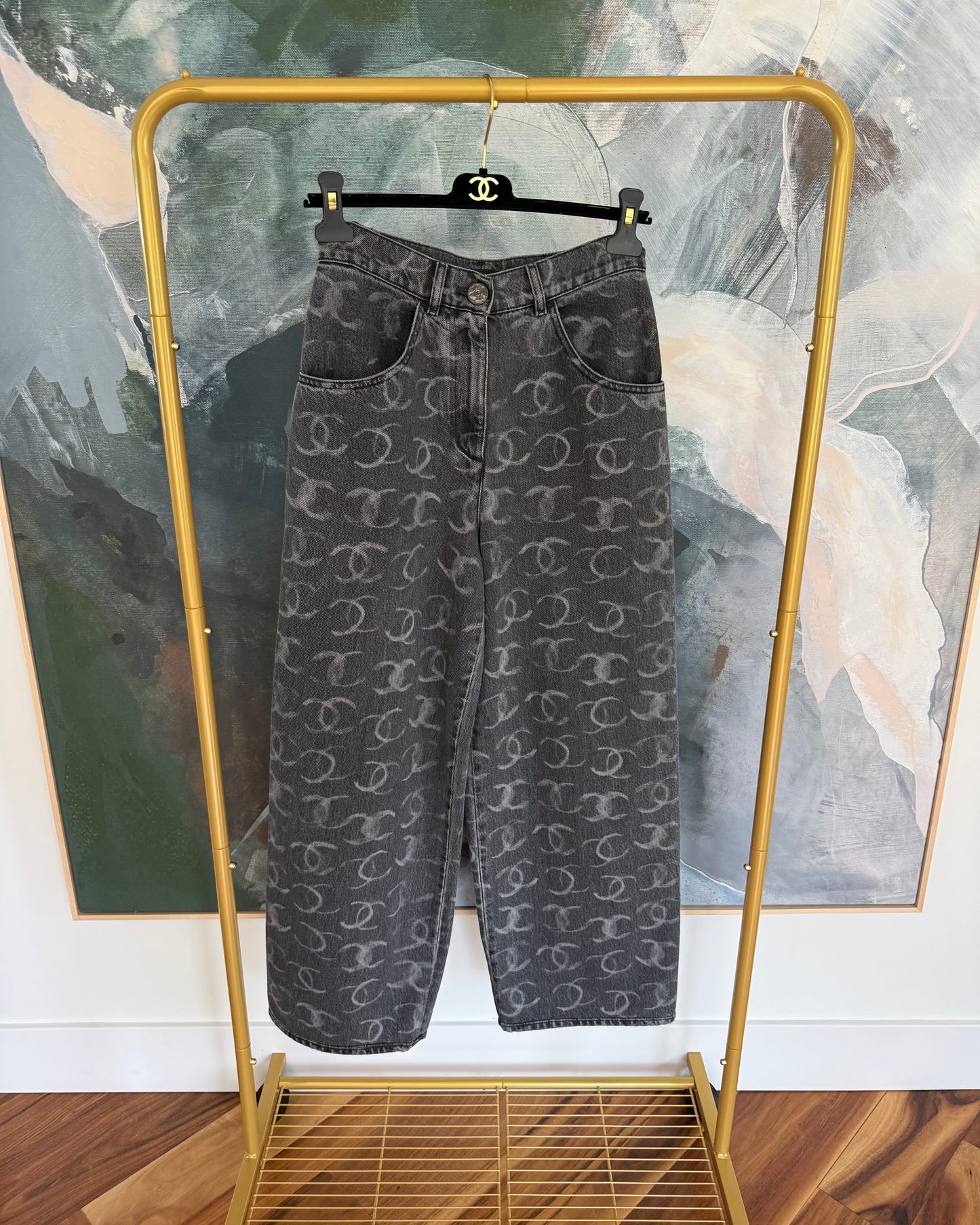 Chanel Runway 23B Dark Grey Logo Baggy Denim with Silver Sequin Logos on Back Pockets size 34