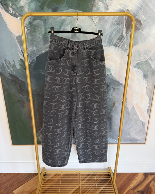 Chanel Runway 23B Dark Grey Logo Baggy Denim with Silver Sequin Logos on Back Pockets size 34