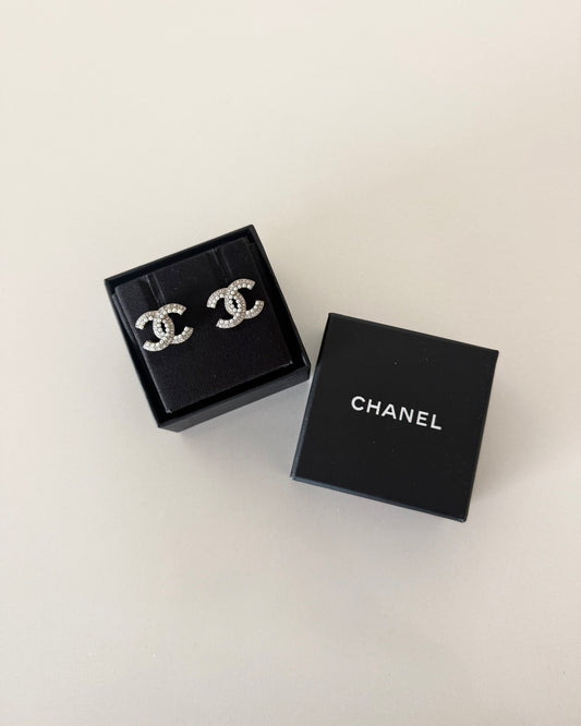 Chanel Silvertone Crystal and Pearl Logo Studs from C19