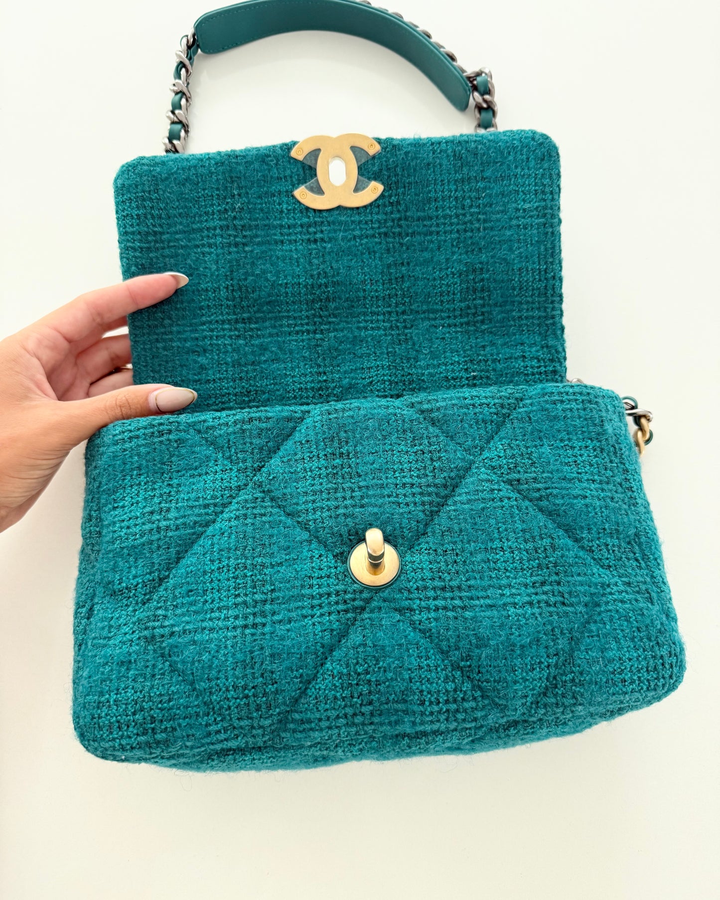 Chanel Teal Tweed Small 19 Bag