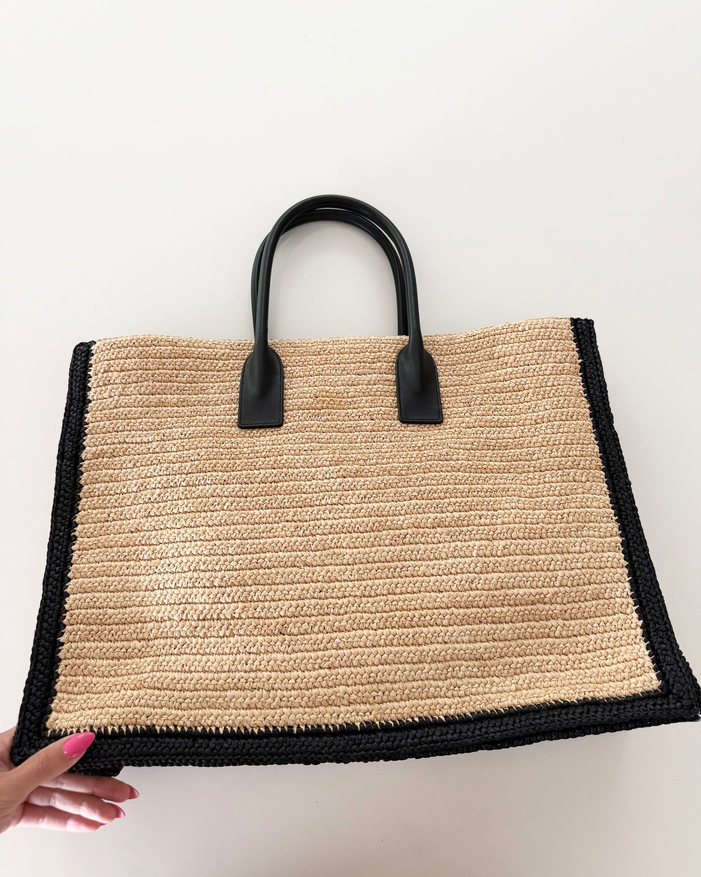 Saint Laurent Raffia and Black Leather Rive Gauche Tote