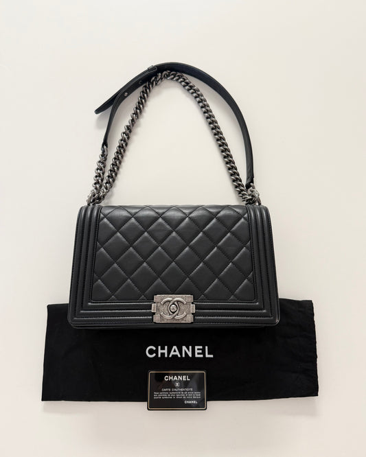 Chanel Black Large Boy Bag with Ruthenium Hardware 19 series from 2014
