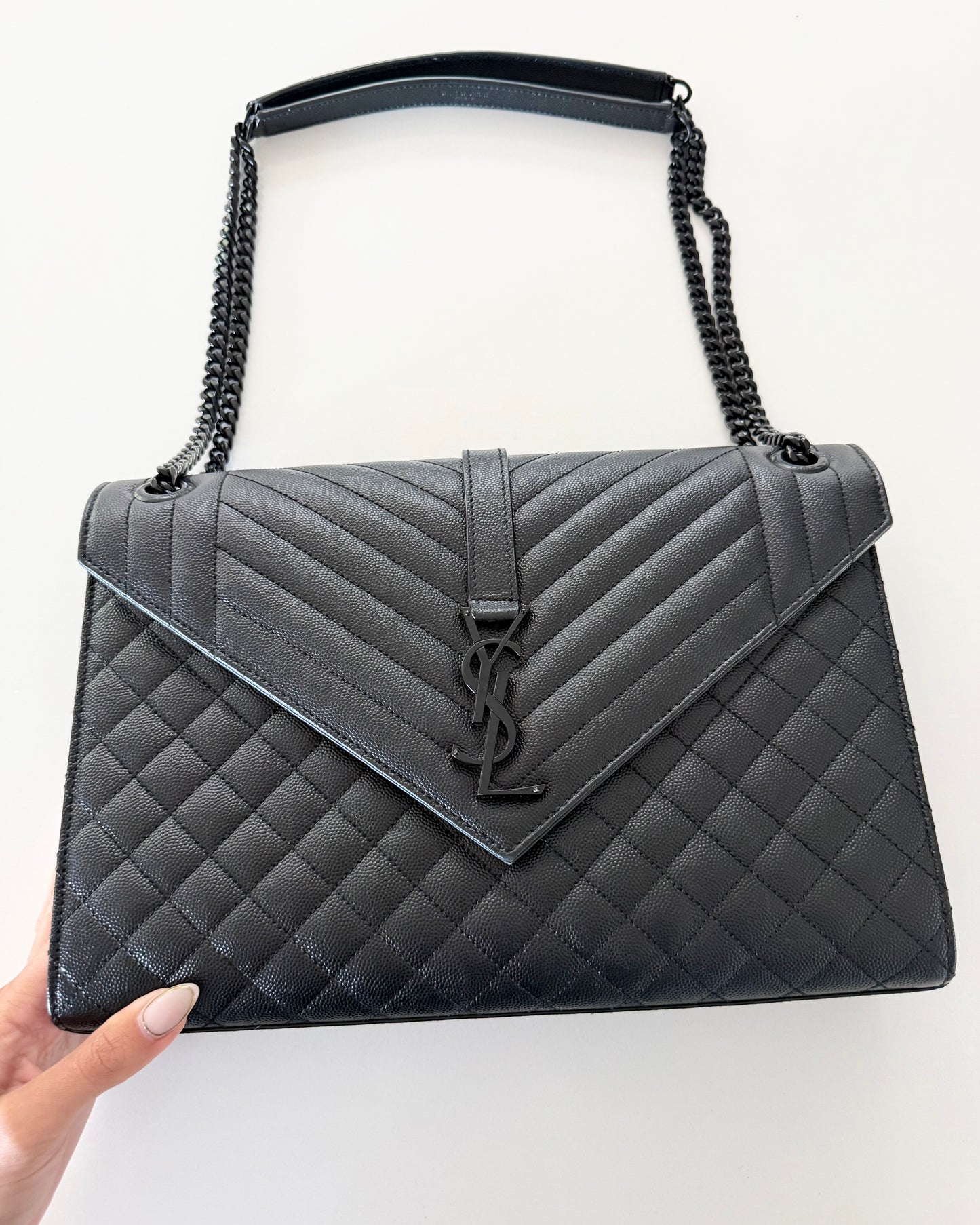 Saint Laurent All Black Grained Leather Matelasse Triquilt Flap Bag
