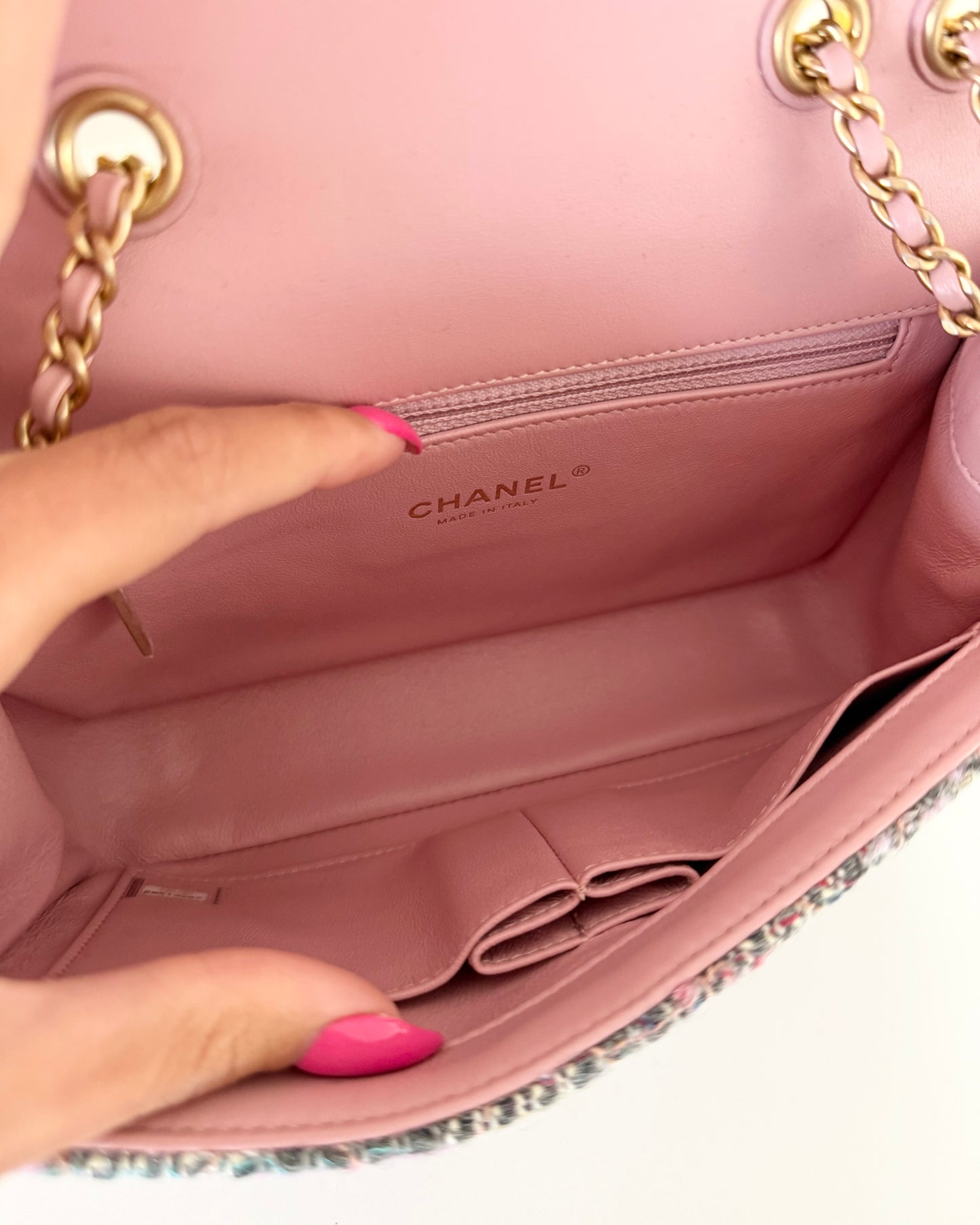 Chanel Pink and Multicolor Tweed Filagree Flap Bag