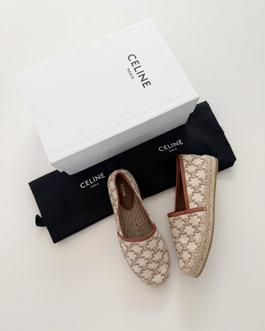Celine Cream and Brown Triomphe Jacquard Logo Espadrilles Size 39