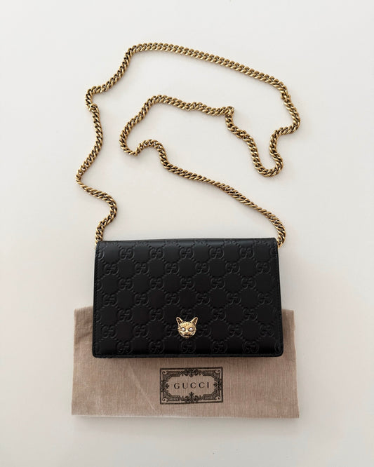 Gucci Black Guccissima Crystal Cat WOC
