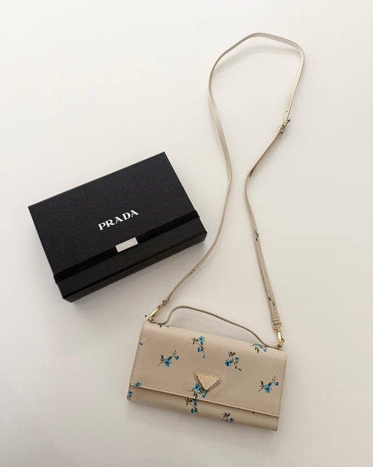 Prada Beige Saffiano Floral Printed Wallet with Strap