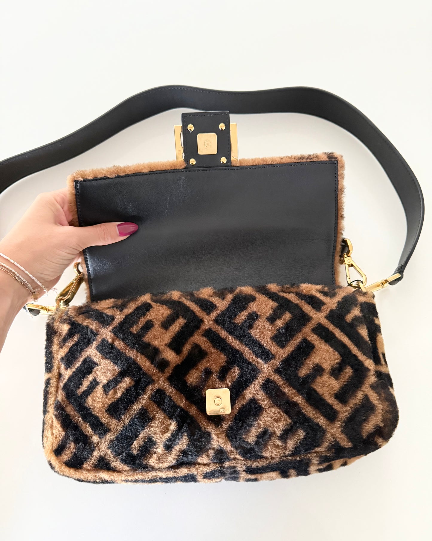Fendi Limited Edition Shearling Macro FF Black/Tobacco Baguette