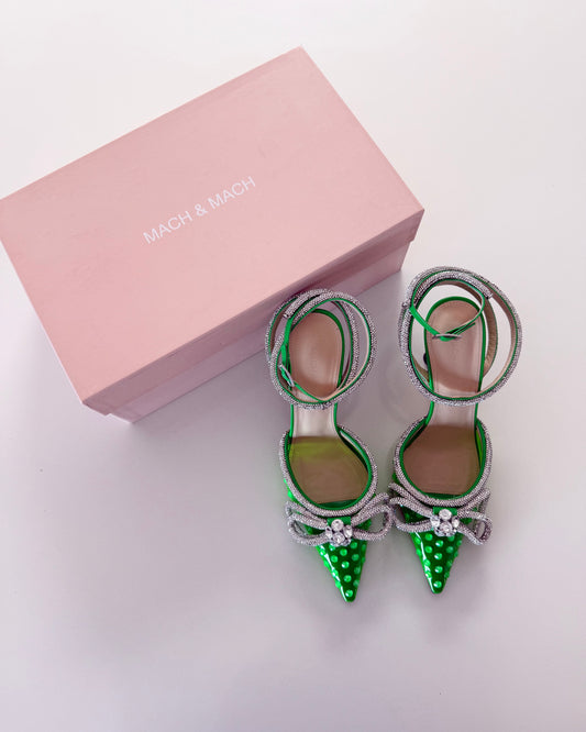 Mach & Mach Limited Edition Green PVC Spotted Double Wrap Bow Embellished Pumps