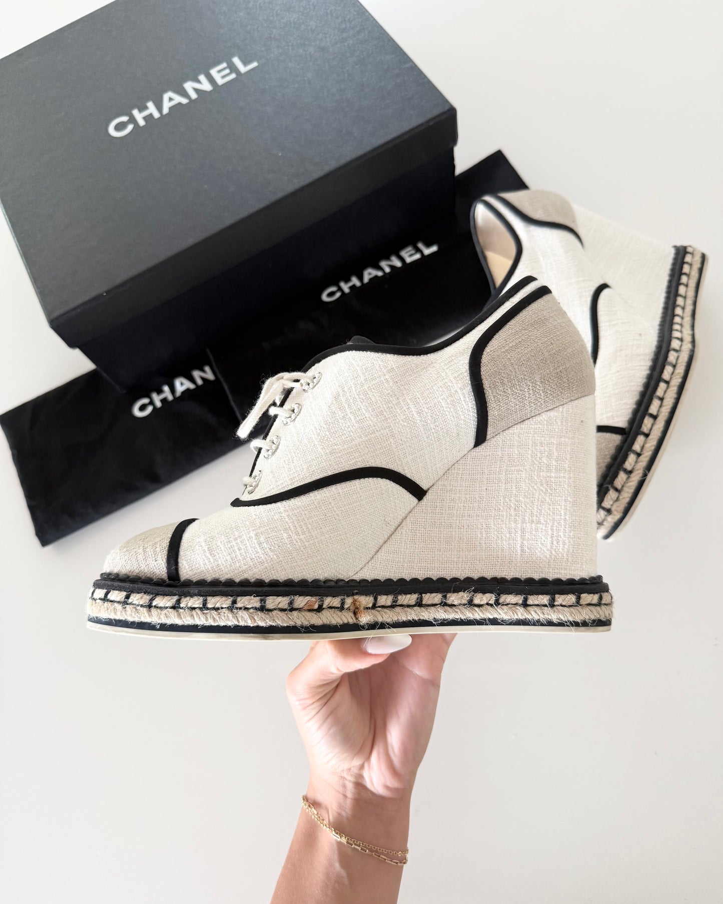 Chanel Ivory Canvas and Raffia Lace Up Wedge Espadrilles Size 40