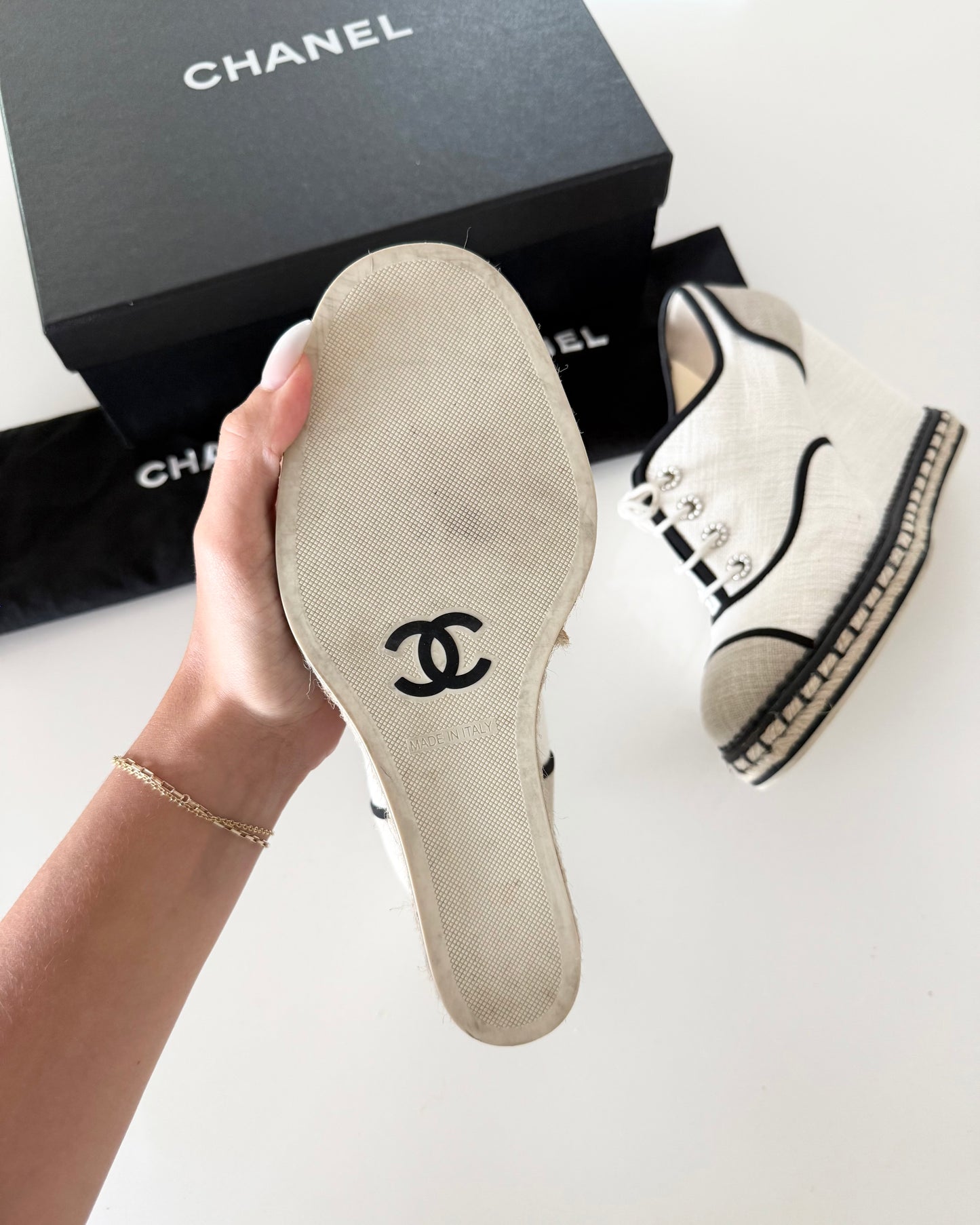 Chanel Ivory Canvas and Raffia Lace Up Wedge Espadrilles Size 40