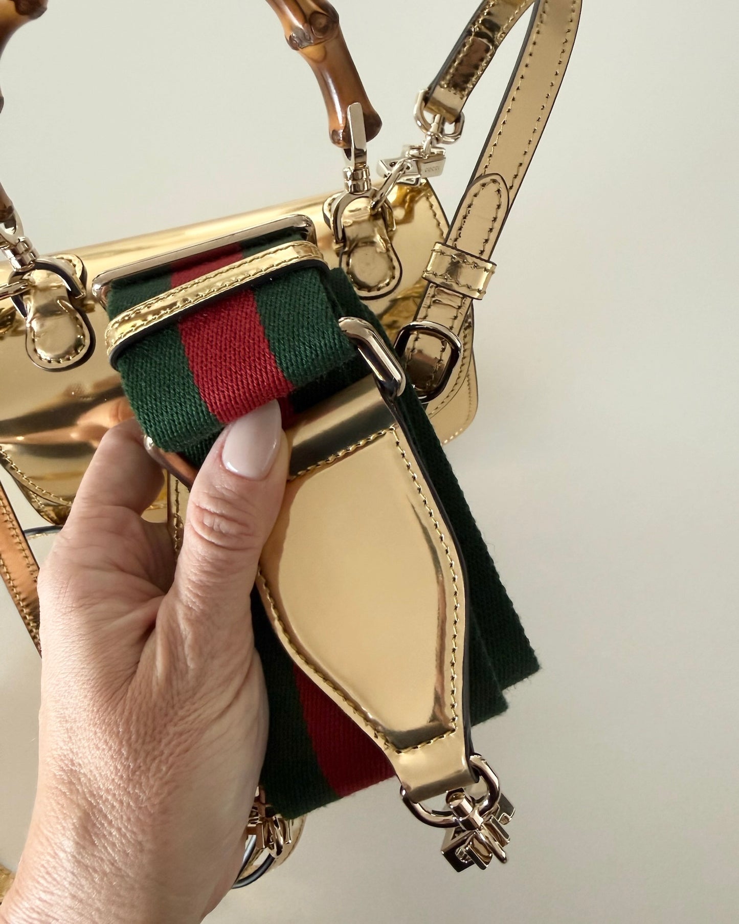 Gucci Limited Edition Gold Metallic Patent Leather Mini 1947 Bamboo Top Handle Bag