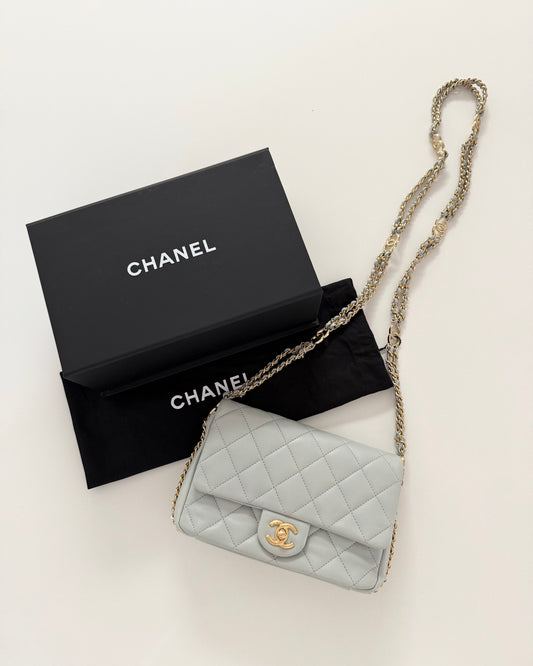 Chanel Light Grey Quilted Lambskin Leather CC Double Chain Flap Bag
