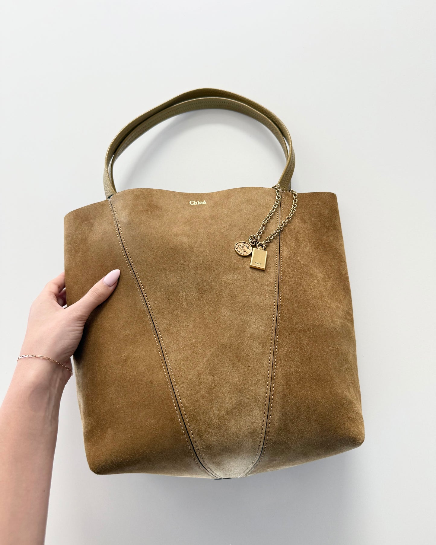 Chloe Gold Khaki Suede Spin Medium Bag With Charm