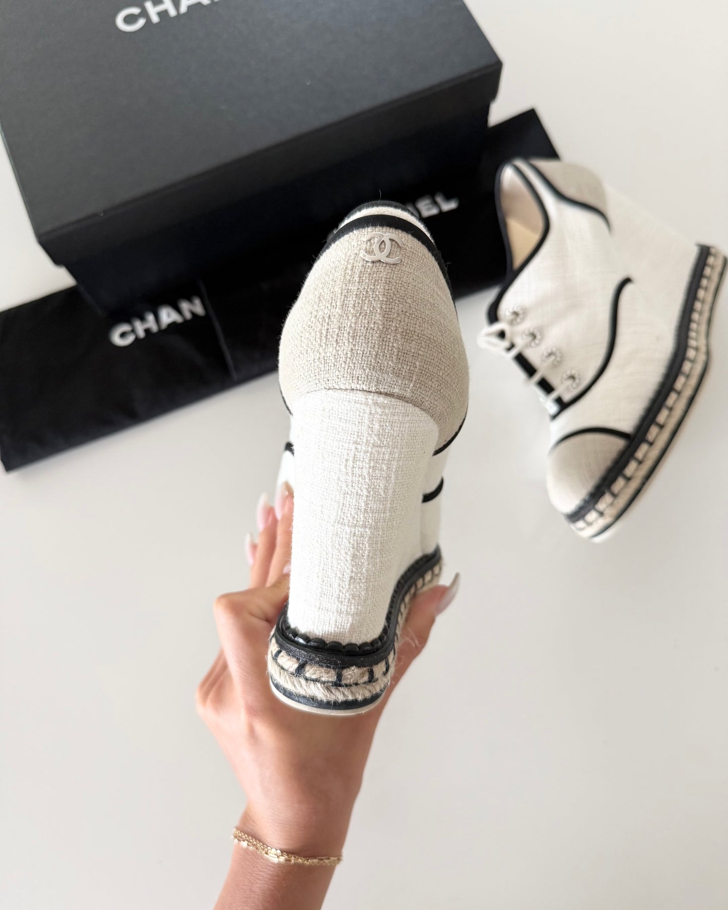 Chanel Ivory Canvas and Raffia Lace Up Wedge Espadrilles Size 40