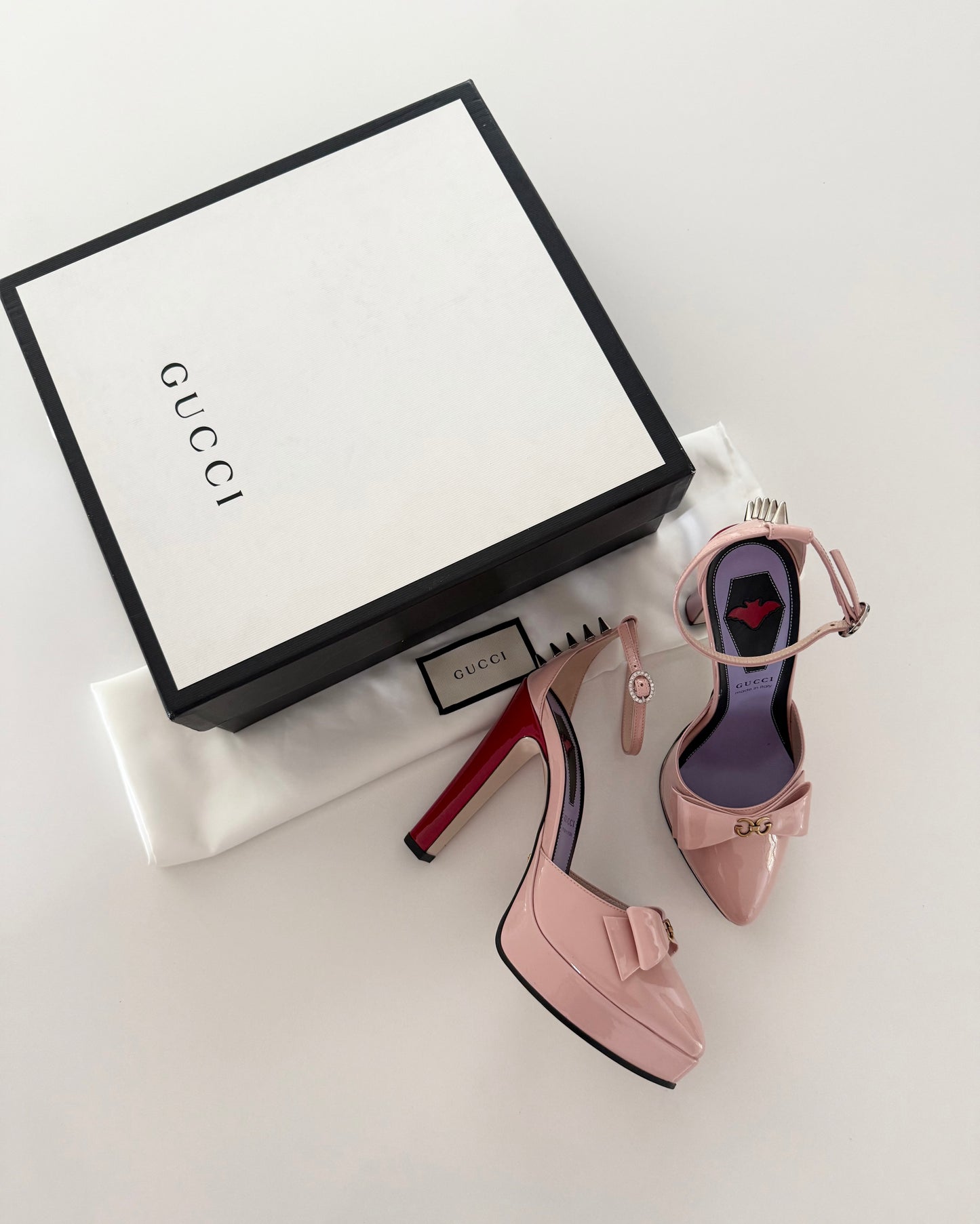 Gucci Light Pink Patent Logo Bow and Spiked D’Orsay with Red Platform Heels Size 36