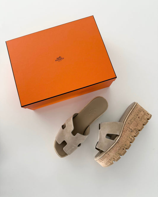 Hermes Suede Beige Albâtre Eze 30 Platform Sandals Size 7.5/38