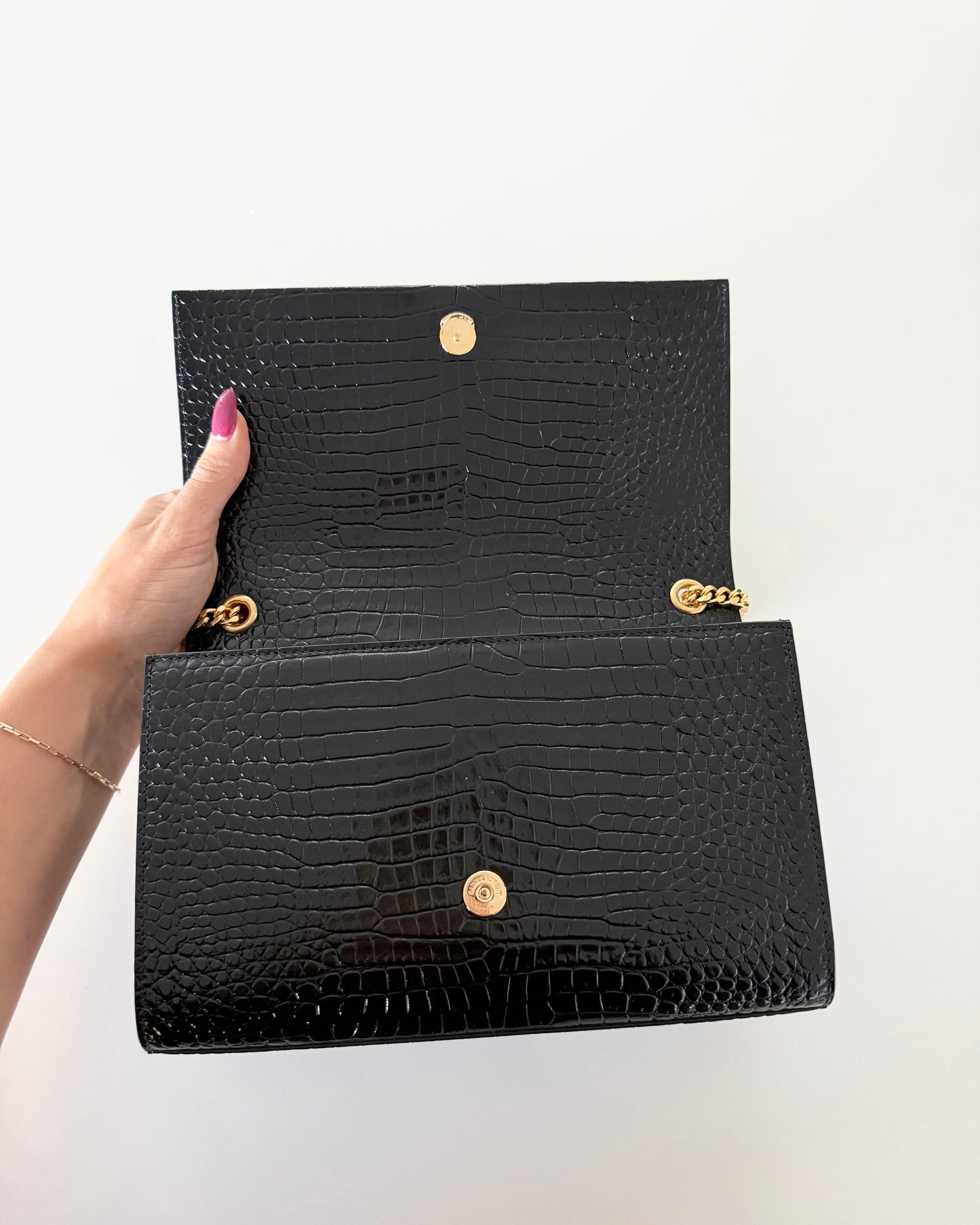 Saint Laurent Black Croc Embossed Patent Leather Medium Kate