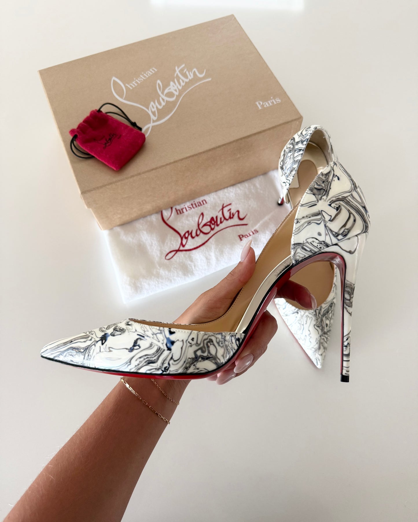 Christian Louboutin White Marbleized Iriza 100 Patent Heels size 41.5