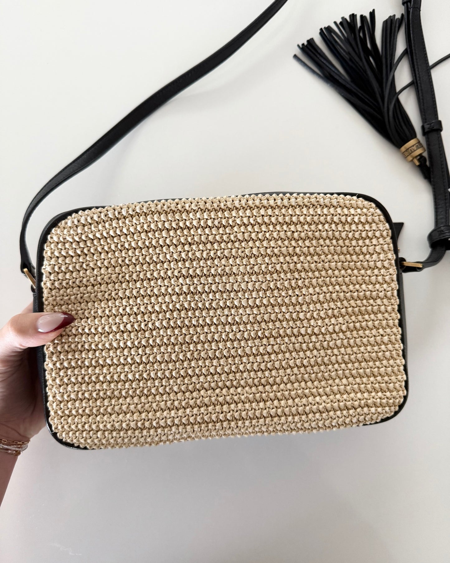 Saint Laurent Black Leather and Raffia Lou Camera Bag