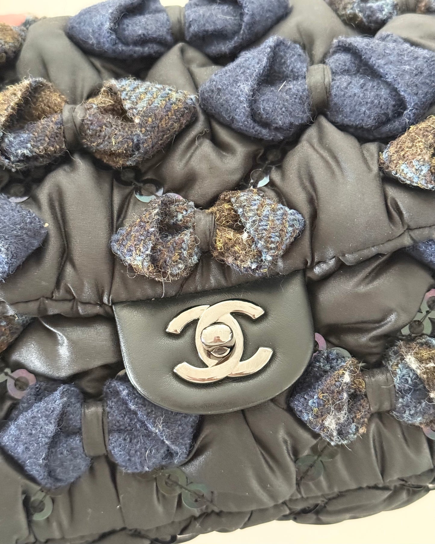 Chanel RARE Black Puffy Nylon Navy Tweed Bow and Sequin Bubble Flap Bag
