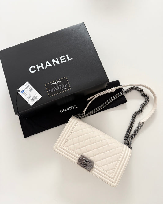 Chanel  Ivory Quilted Caviar Leather Medium Boy Bag