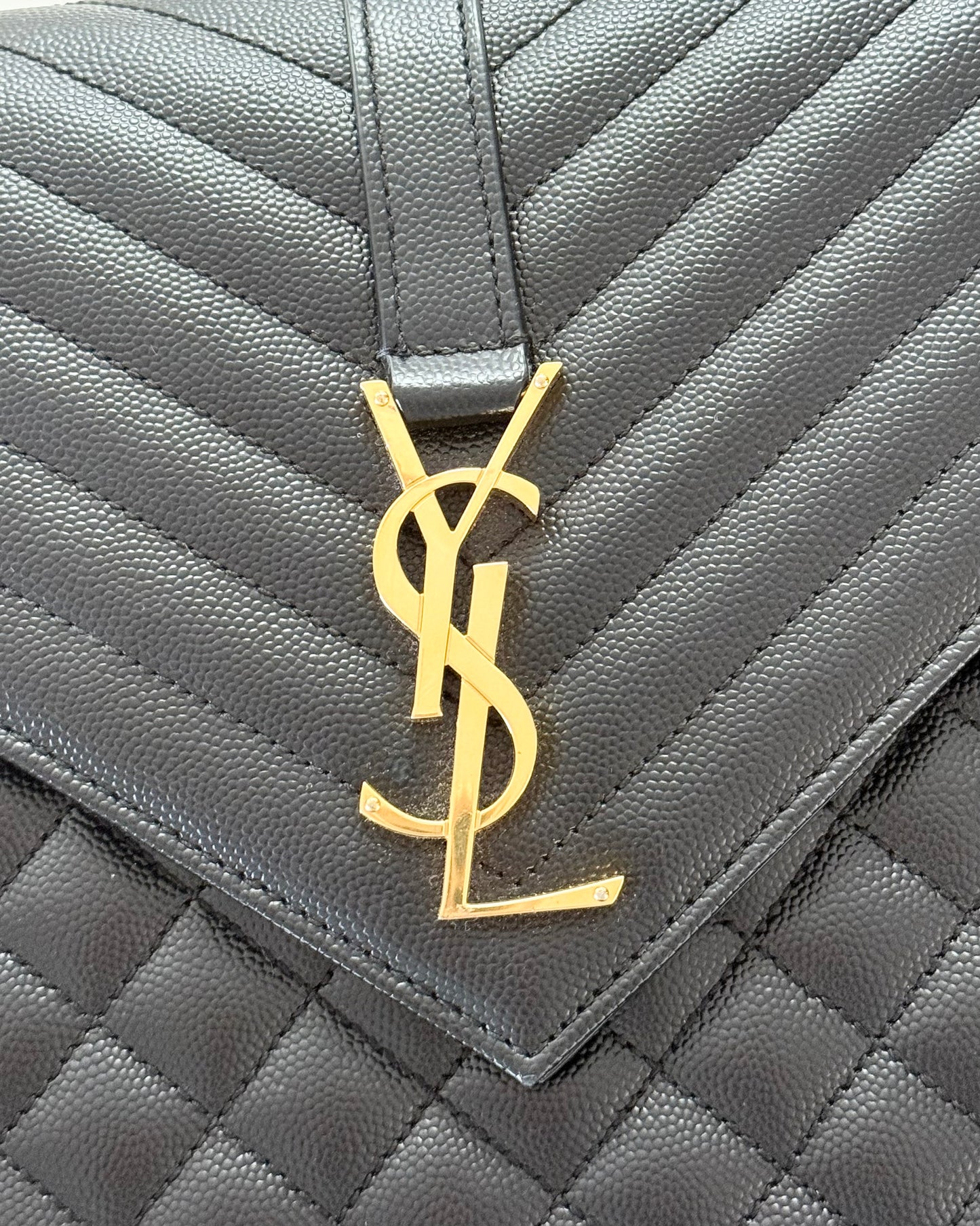 Saint Laurent Black Grained Leather Mix Matelasse Large Tri-Quilt