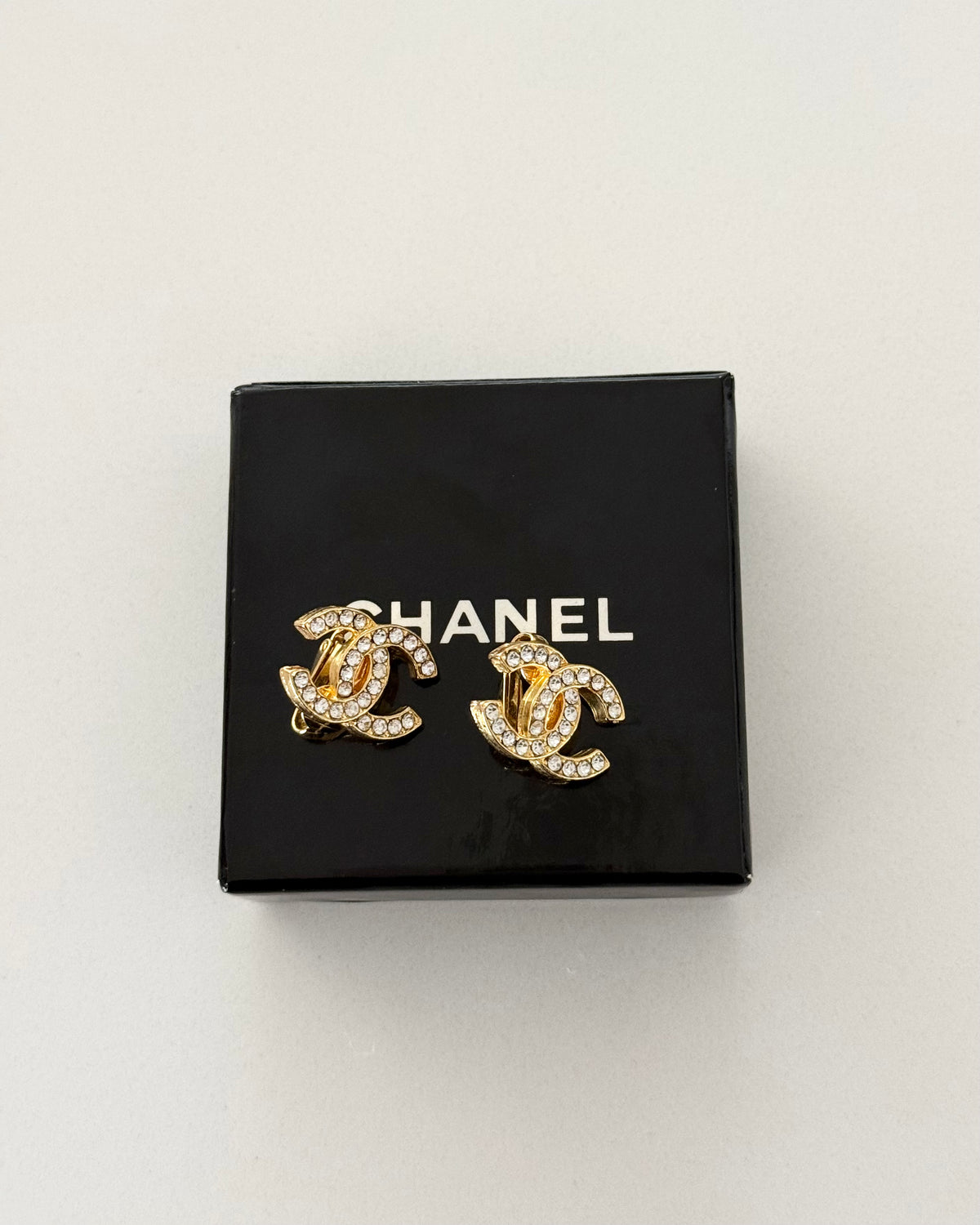 Chanel Vintage Goldtone and Crystal Logo Clip Earrings