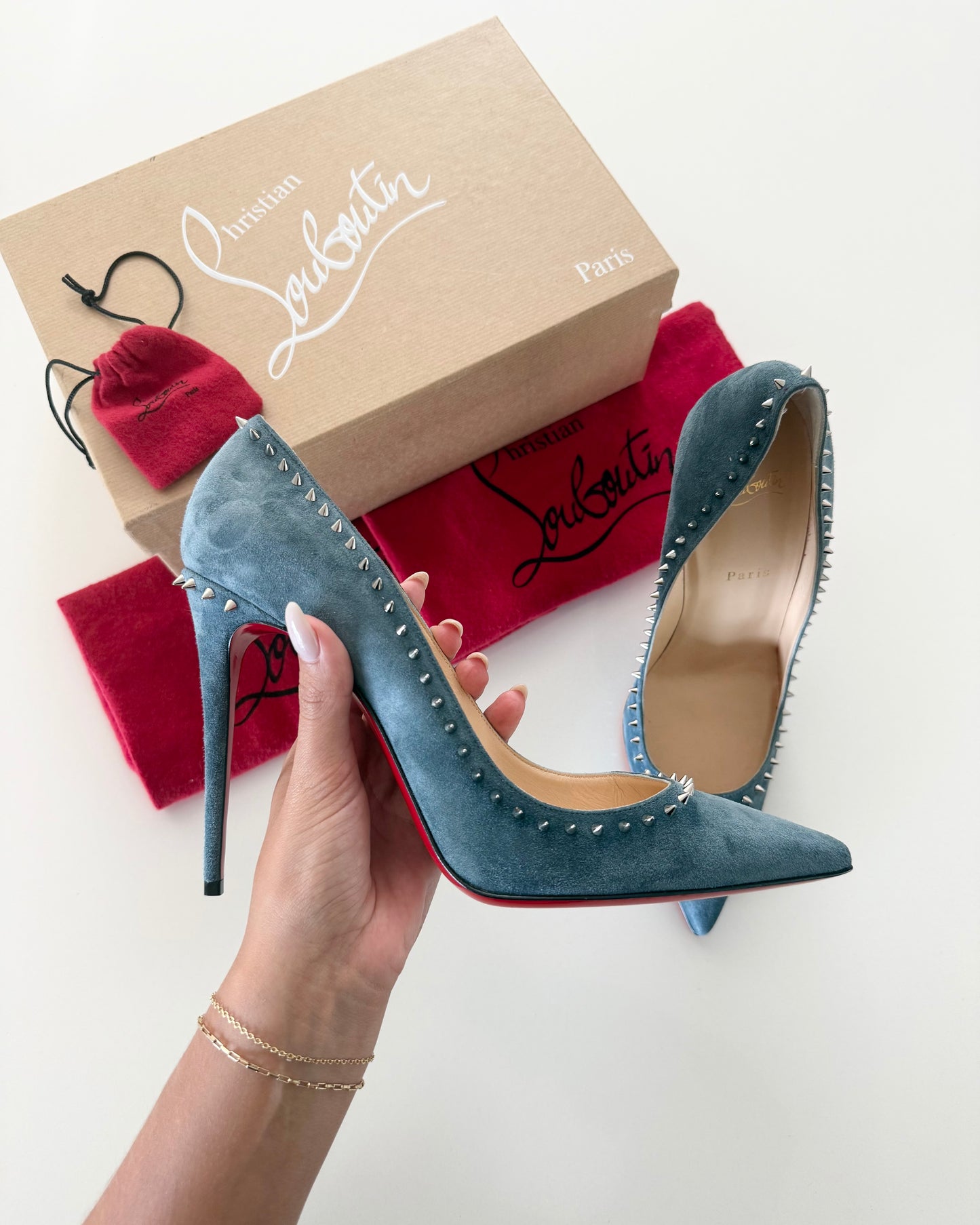 Christian Louboutin Anjalina Velour Grey Blue 100’s with Spikes Size 42
