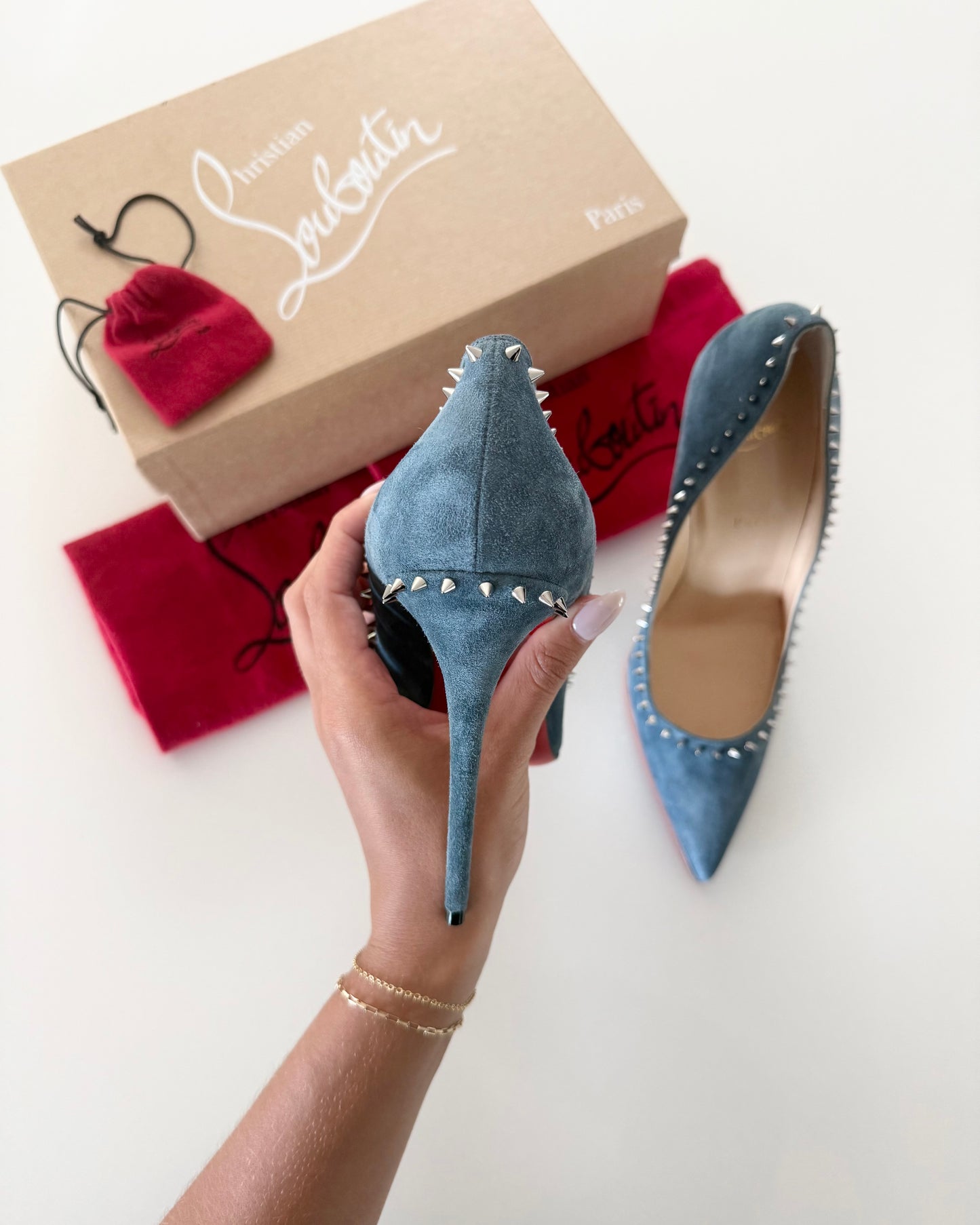 Christian Louboutin Anjalina Velour Grey Blue 100’s with Spikes Size 42