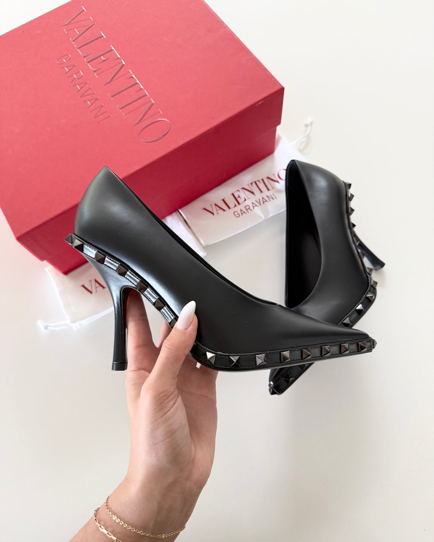 Valentino So Black Rockstud Longated Toe Pumps Size 37
