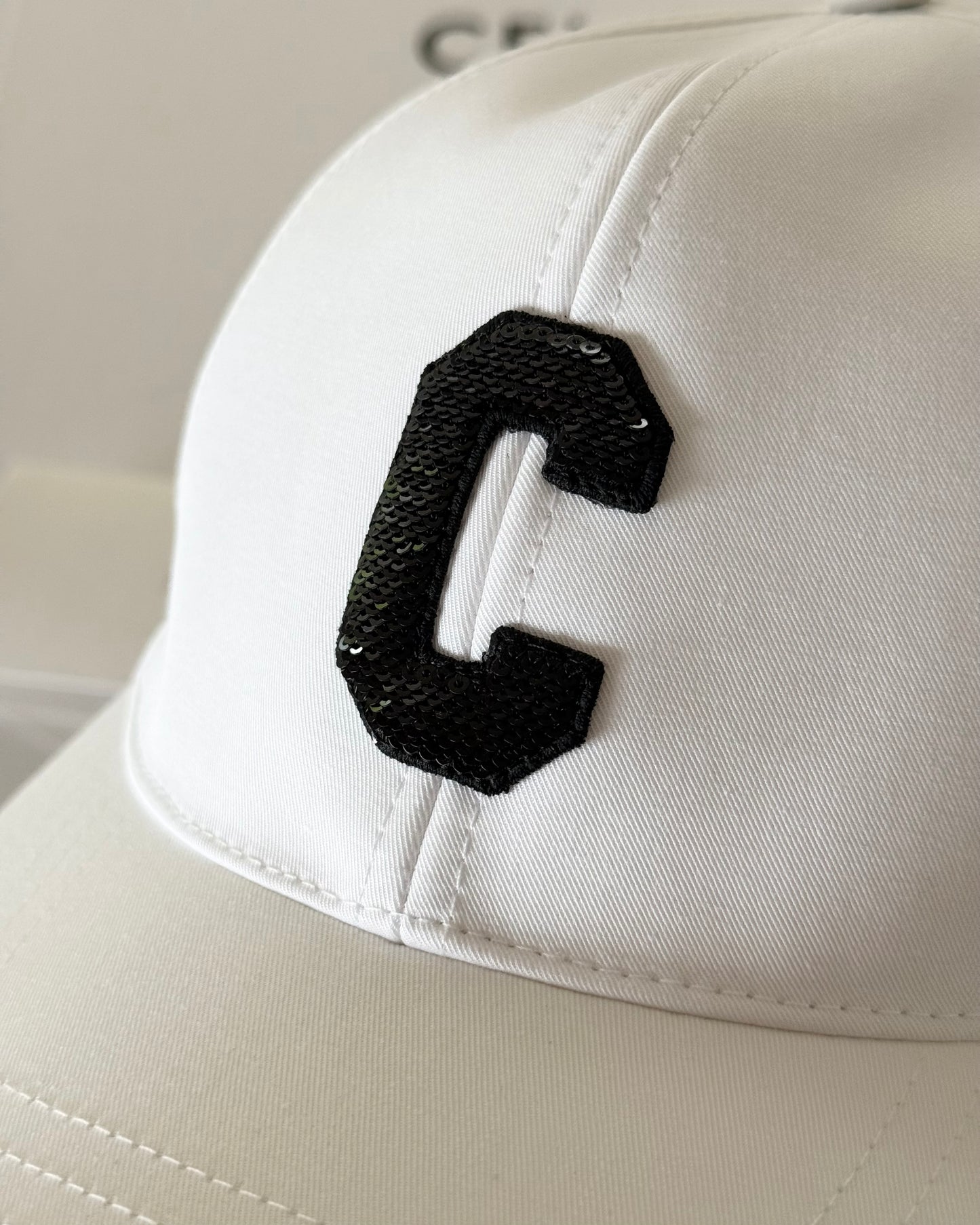 Celine White Cotton and C Logo Sequin Hat Size Small