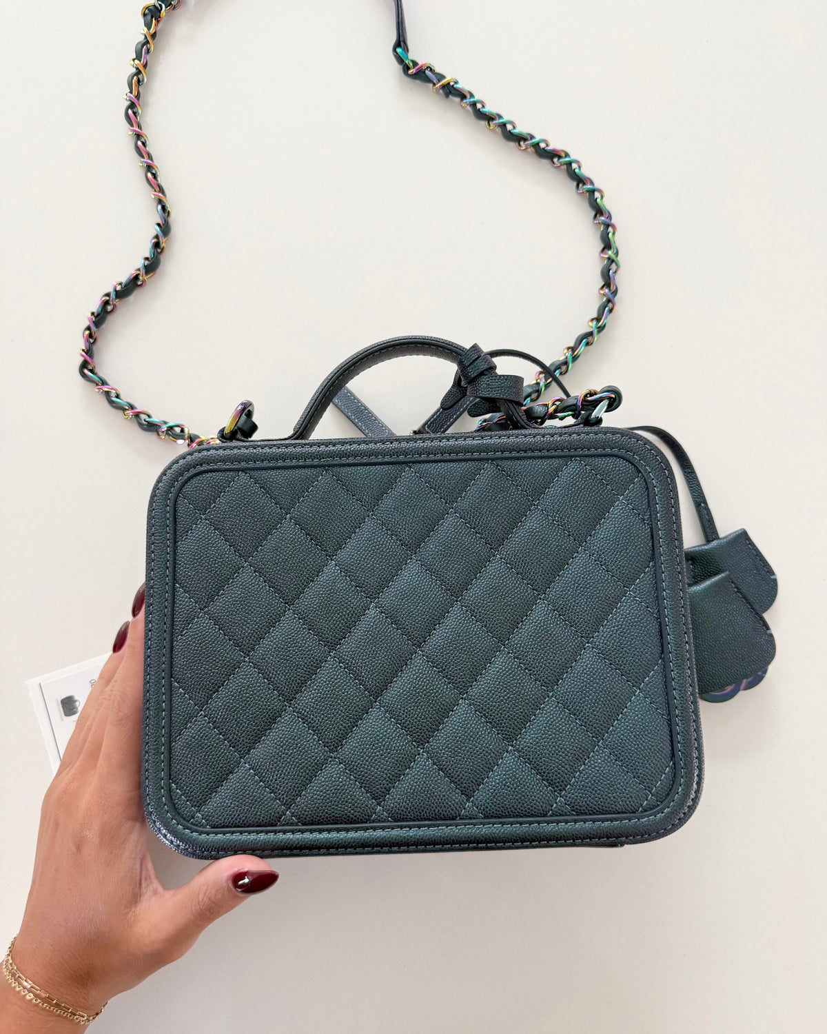 Chanel Dark Turquoise Iridescent Quilted Caviar Filigree Medium Vanity 26 series from 2018