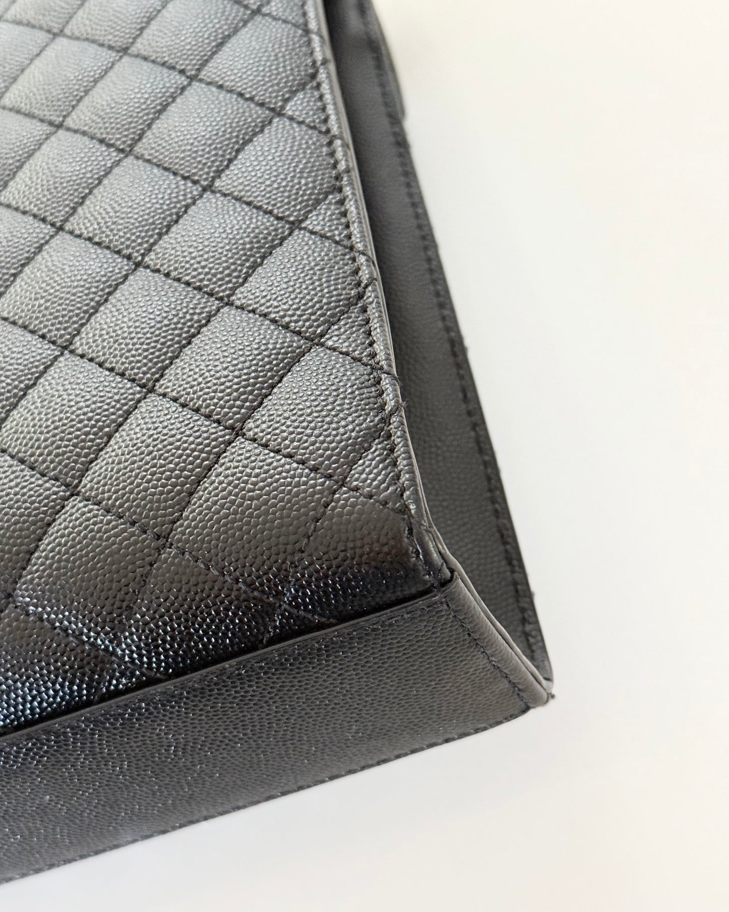 Saint Laurent All Black Grained Leather Matelasse Triquilt Flap Bag