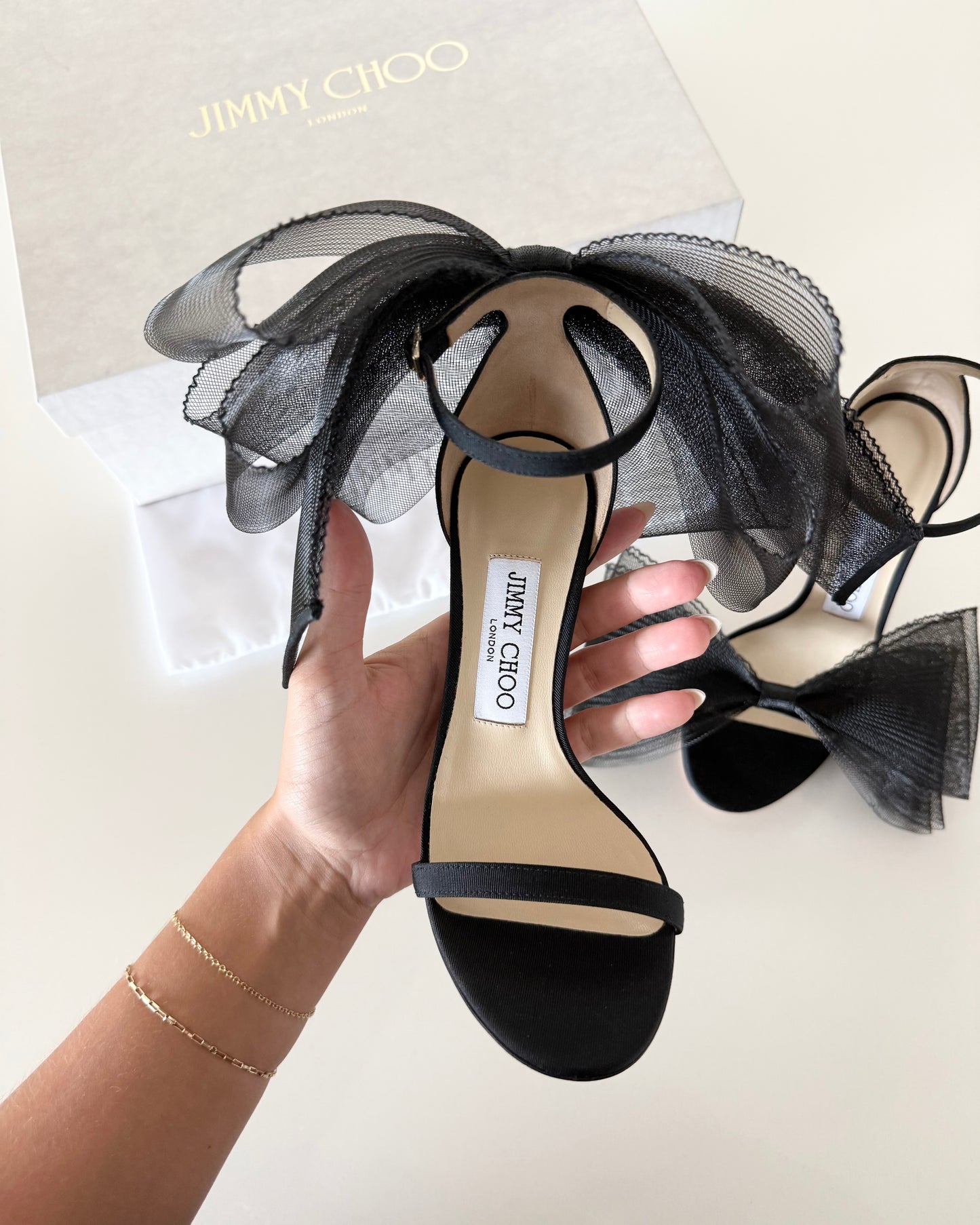 Jimmy Choo Black Grosgrain and Mesh Bow Aveline 100 Heels Size 36