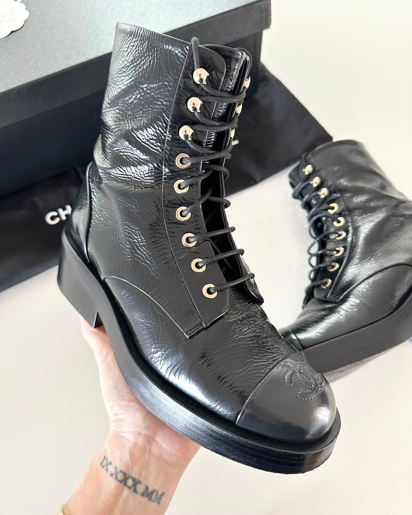 Chanel Black Shiny Goatskin and Dark Grey Lace Up Boots from 22A Size 36.5